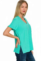 Zenana Slub Rolled Short Sleeve V-Neck Tee 44d581ea-4a23-4e69-9fdc-6b08104d4480-Max-Origin