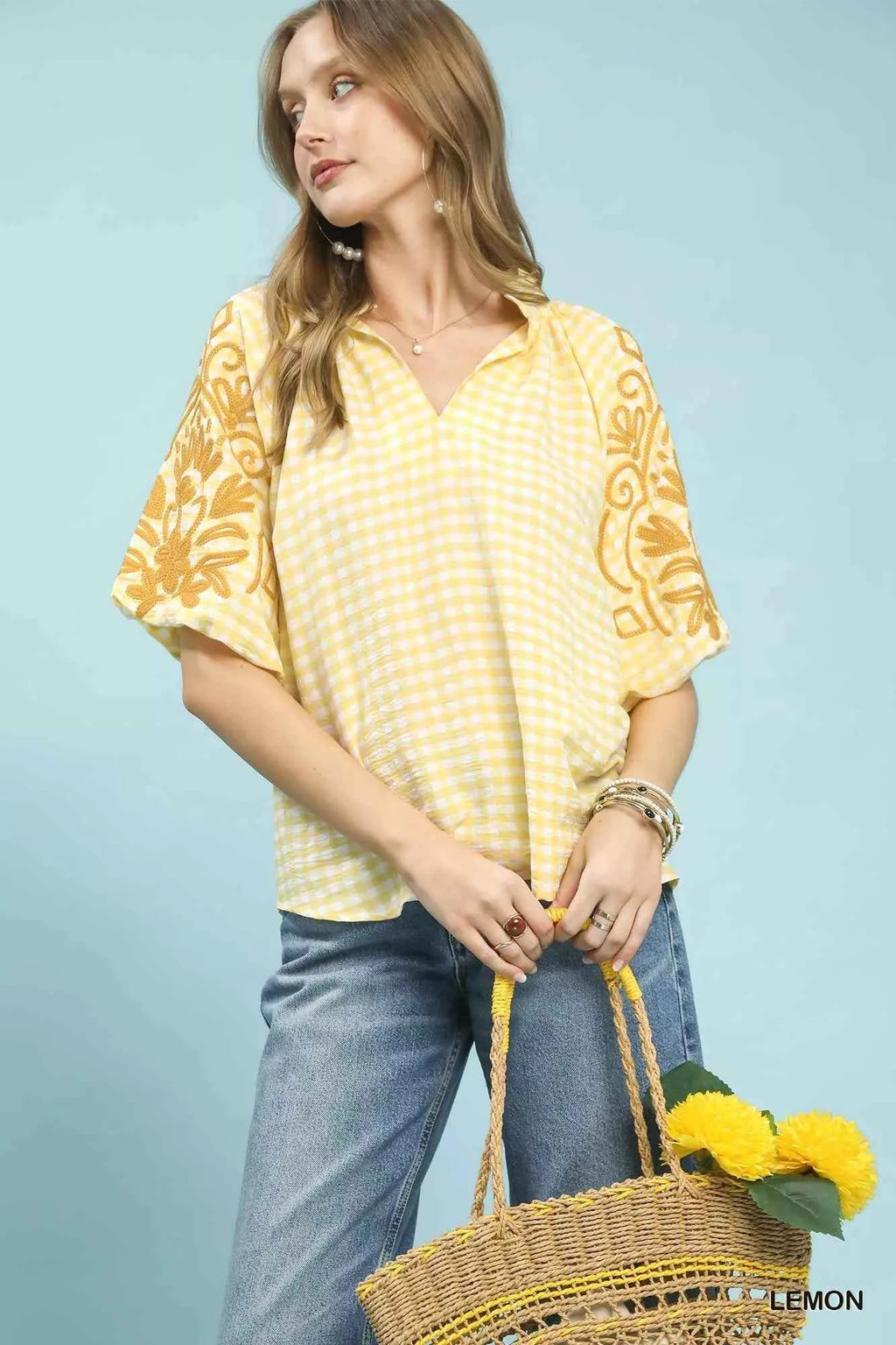 Umgee Gingham Embroidered Balloon Sleeve Top LEMON 44d79568-3d23-4e6f-84e6-1705a4e029e2-Max-Origin
