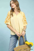 Umgee Gingham Embroidered Balloon Sleeve Top LEMON 44d79568-3d23-4e6f-84e6-1705a4e029e2-Max-Origin