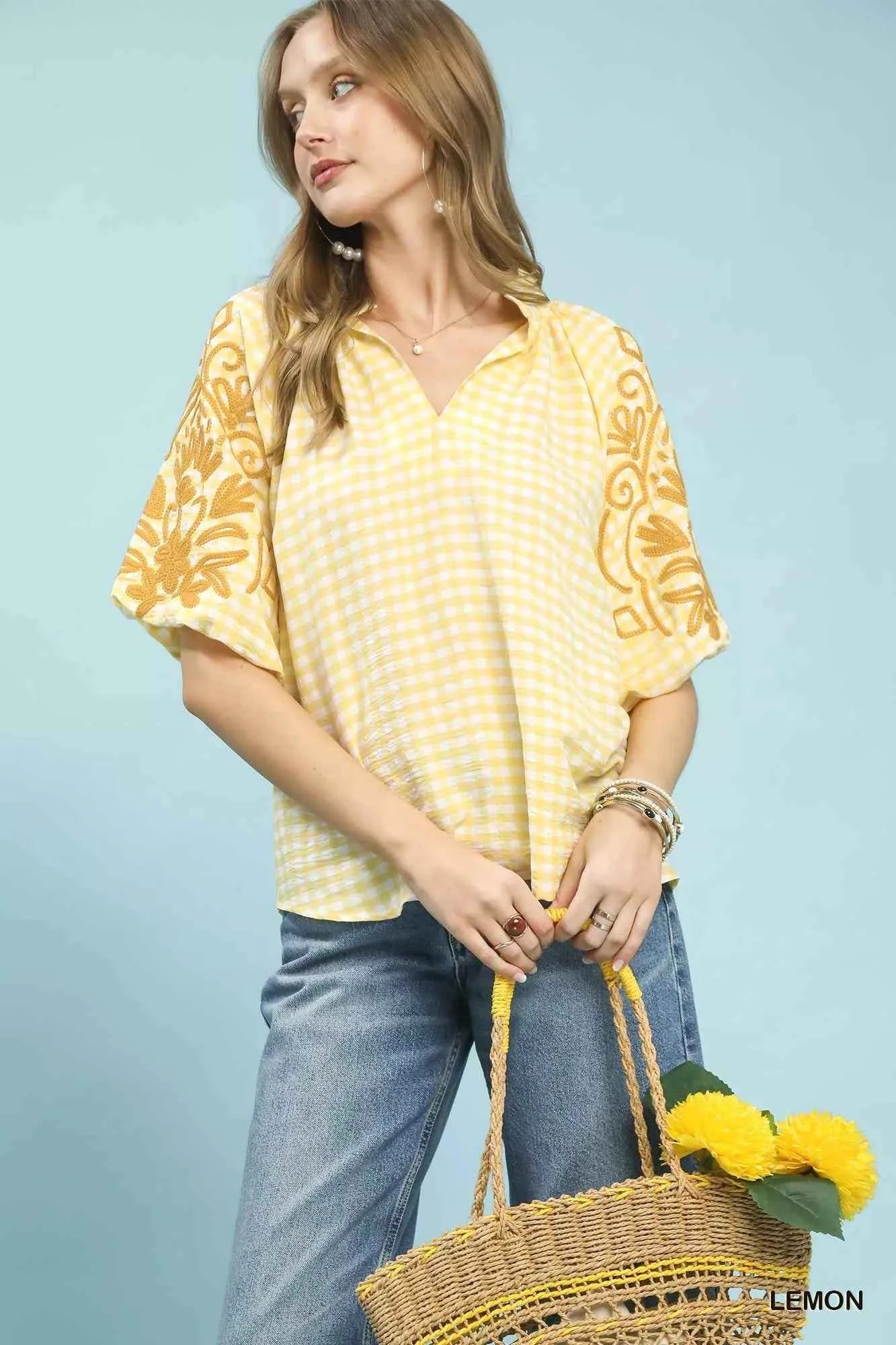 Umgee Gingham Embroidered Balloon Sleeve Top LEMON 44d79568-3d23-4e6f-84e6-1705a4e029e2-Max-Origin