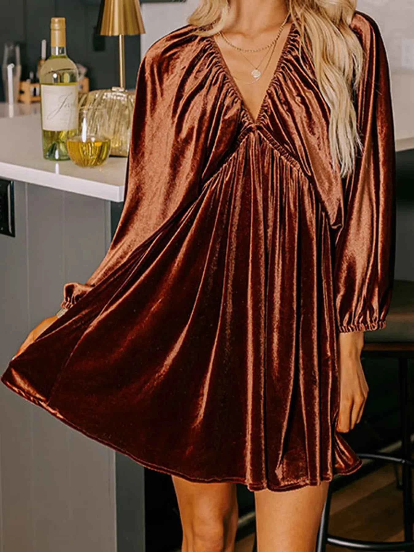 V Neck Puff Sleeve Velvet Dress Clay 44da2051395a40ed8d38689de5a6782f-Max-Origin