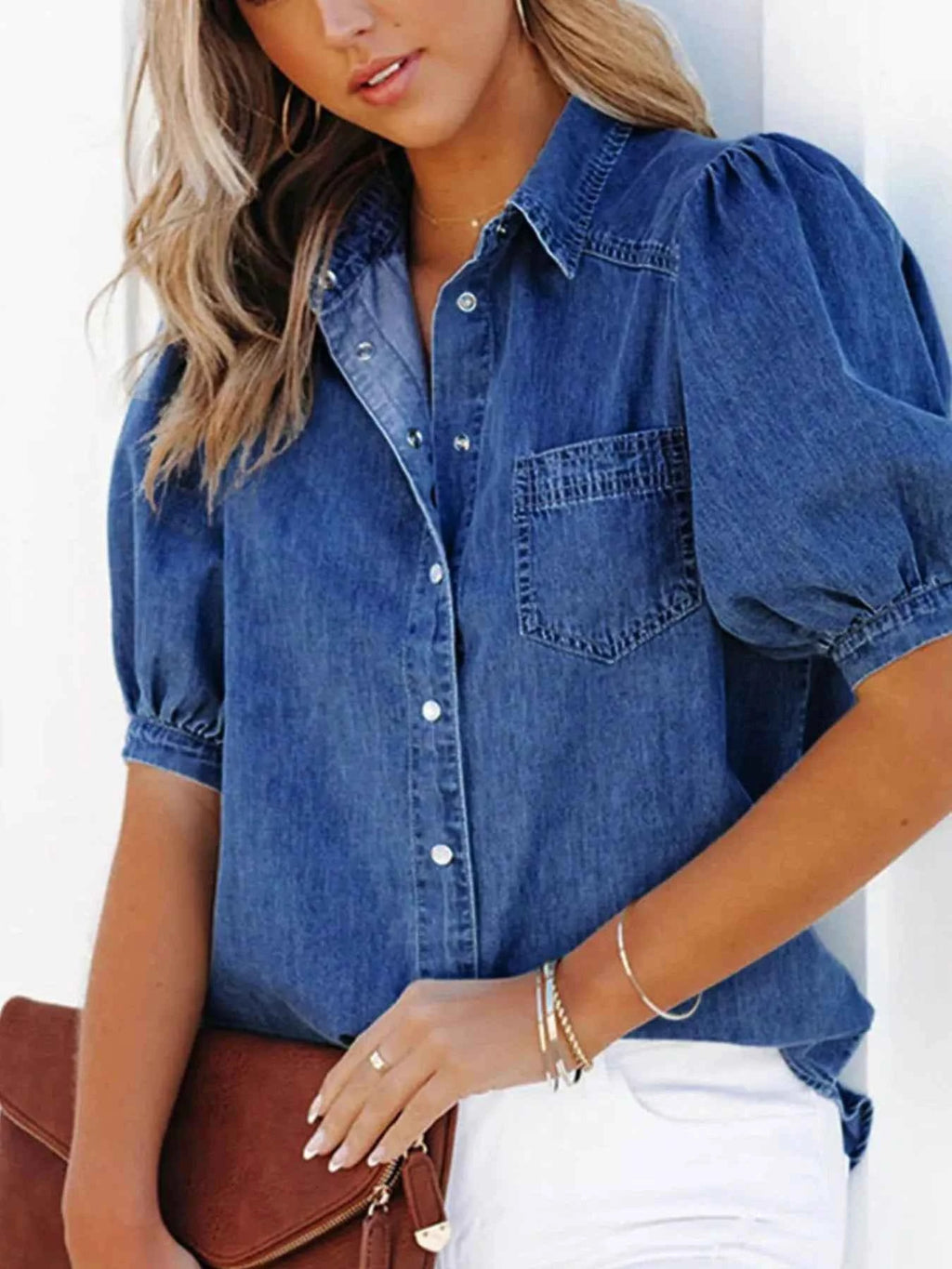 Puff Sleeve Button-Down Denim Top 44dab538-0116-49bd-88f5-d79f59a2f3c7-Max-Origin