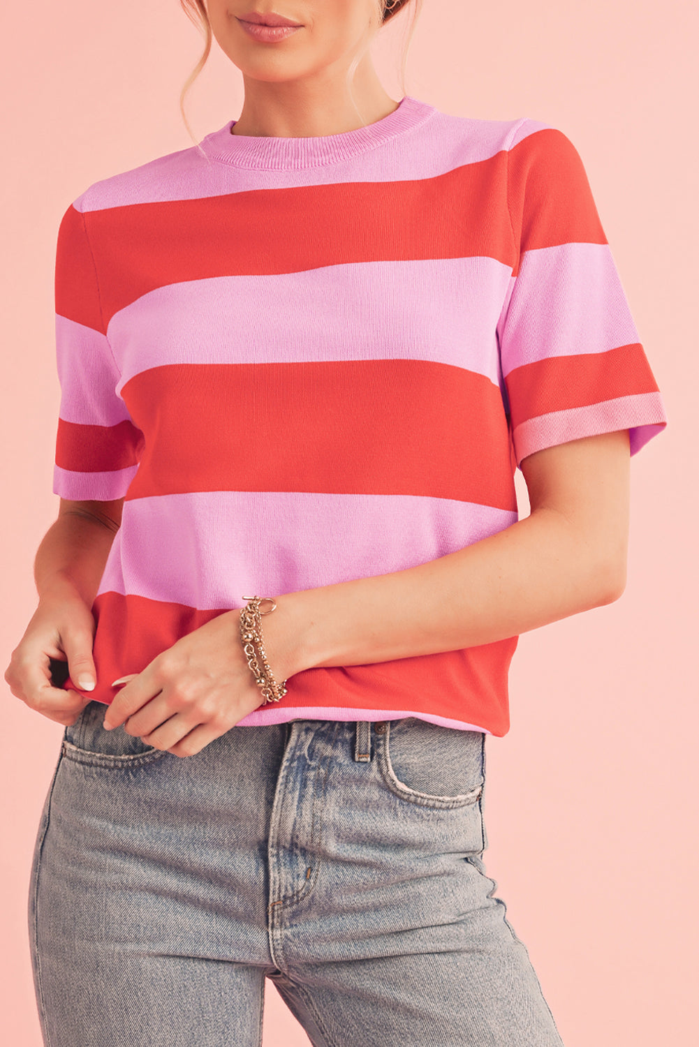 Bright Pink Colorblock Knitted Round Neck T Shirt Bright Pink 75%Viscose+25%Polyester 44dc02972175960d