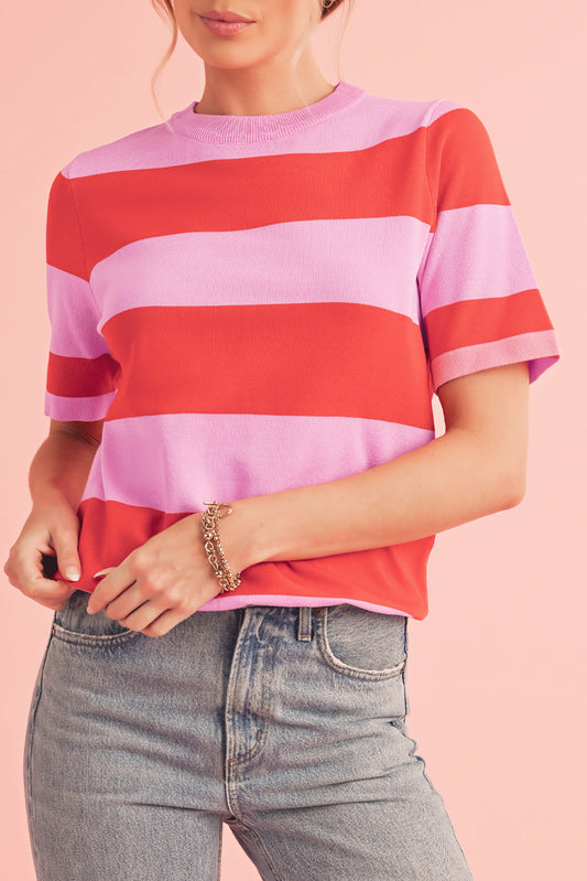 Bright Pink Colorblock Knitted Round Neck T Shirt Bright Pink 75%Viscose+25%Polyester 44dc02972175960d