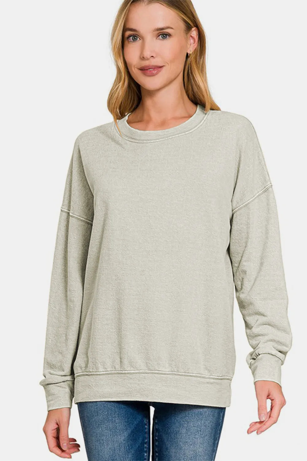 Zenana Washed Round Neck Dropped Shoulder Sweatshirt Lt Grey 44dcbcb1-69d1-4400-8ef1-53a0f3662b5f-Max