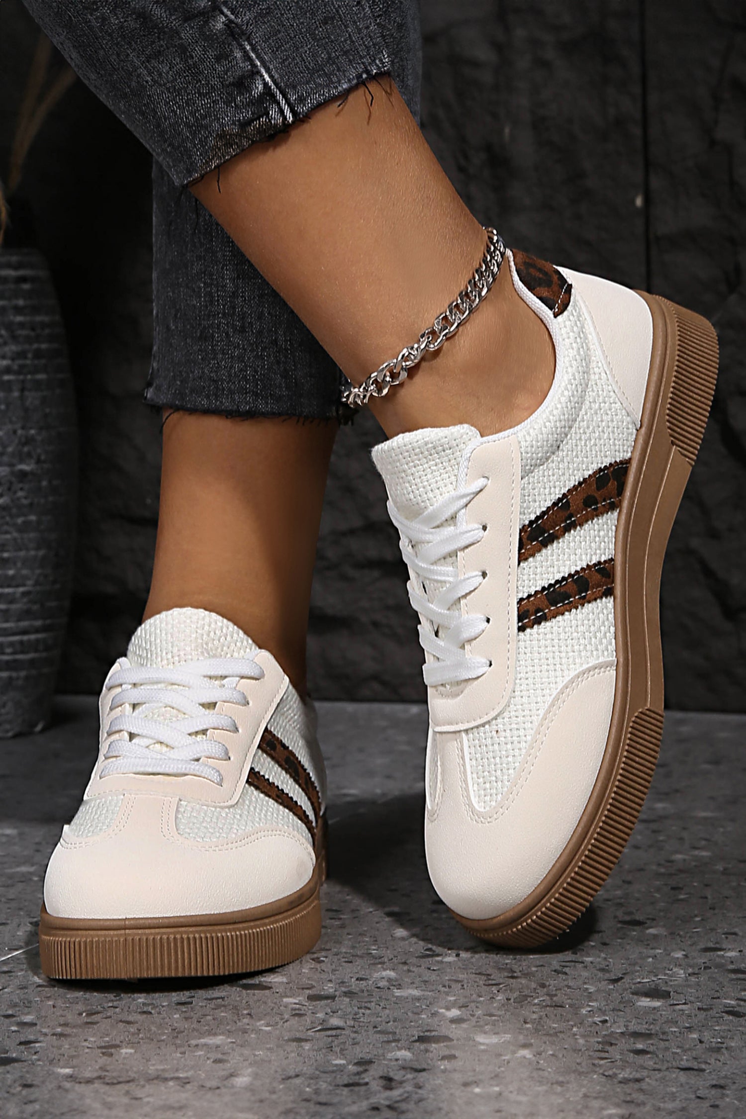 White Textured Woven PU Leather Leopard Patchwork Flat Sneakers 44dd16324f925918