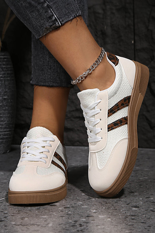 White Textured Woven PU Leather Leopard Patchwork Flat Sneakers 44dd16324f925918