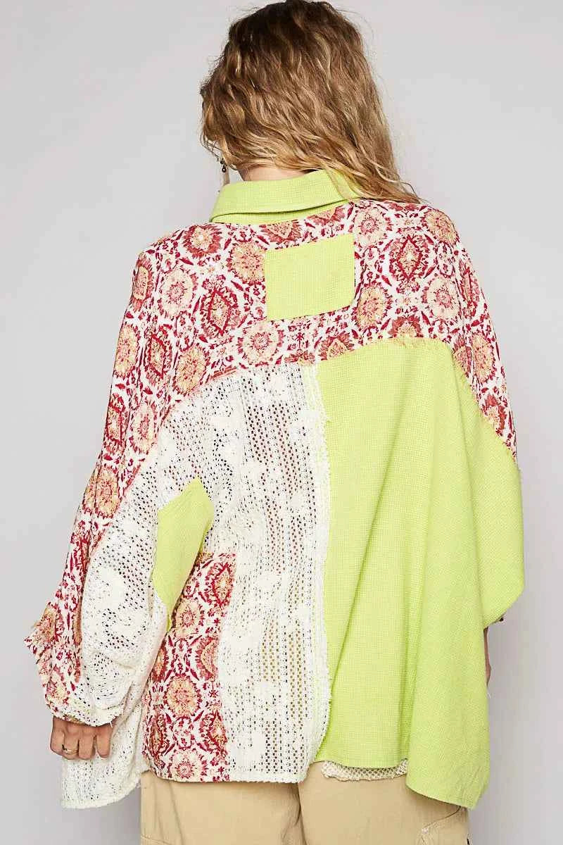 POL Thermal and Crochet Lace Mix Shirt with Floral Pattern