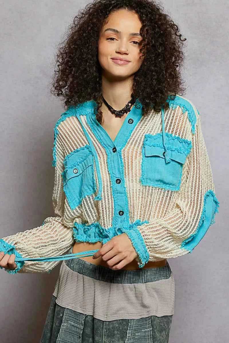 POL Texture Woven Button Down Hooded Shirt with Drawstring Hem 44dfb55a-7f3b-4ce7-bf0f-dffb6f56831c-Max-Origin