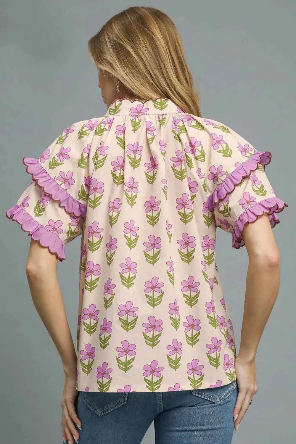 Umgee Floral Print Ruffle Short Sleeve Blouse 44dfd883-77e5-4caa-9786-b14d5ed375f3-Max-Origin