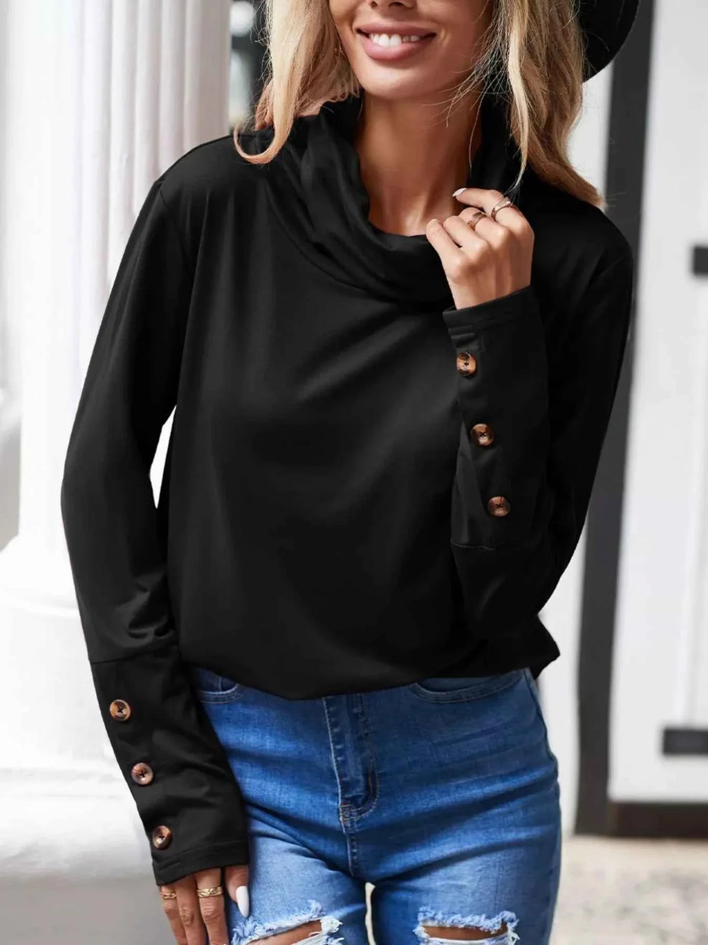 Cowl Neck Long Sleeve Blouse Black 44e1fad2-6ba0-4dcd-85e2-82482f86b718-Max-Origin