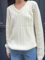 Cable Knit V-Neck Pullover Sweater White 44e231faf6ed407a8859dbfa9b0f64c1-Max-Origin