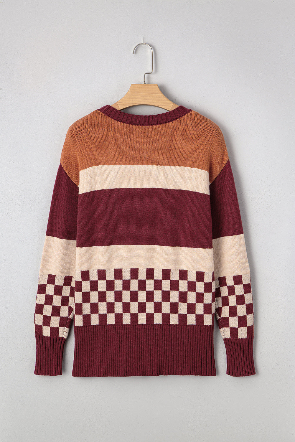 Brown Checkered Colorblock Knitted Drop Shoulder Sweater 44e27169fcabeb59