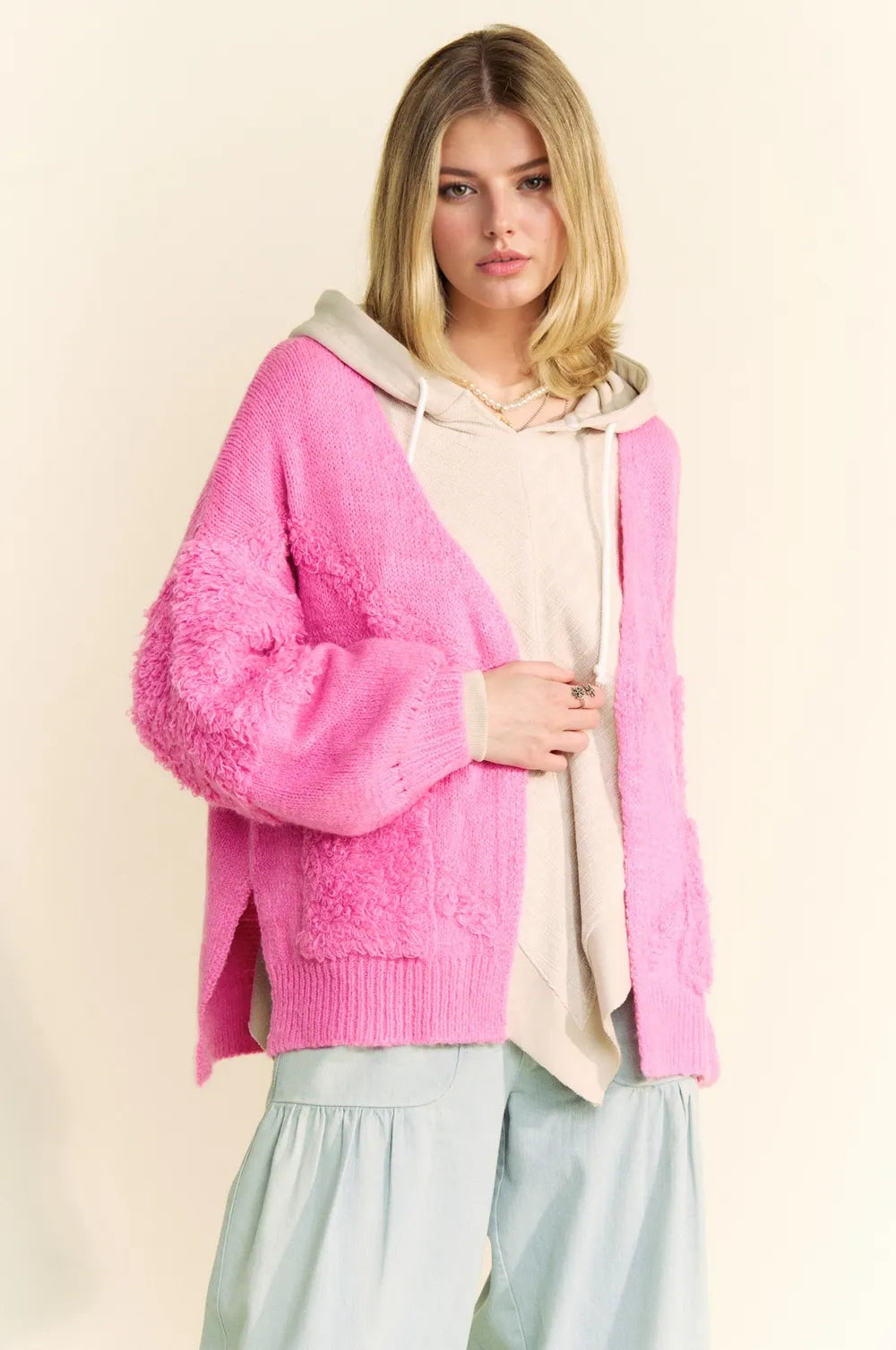 Davi & Dani Side Slit Open Front Long Sleeve Cardigan Pink 44ed69a8-e626-49c5-ba74-c1a2a7c0d545-Max