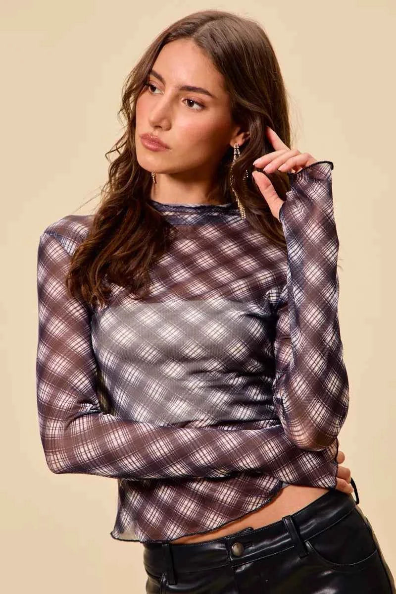 Plaid Mesh Knit Long Sleeve Top with Thumb Opening 44ee25c44f884655a02304ffecf21e3e-Max-Origin
