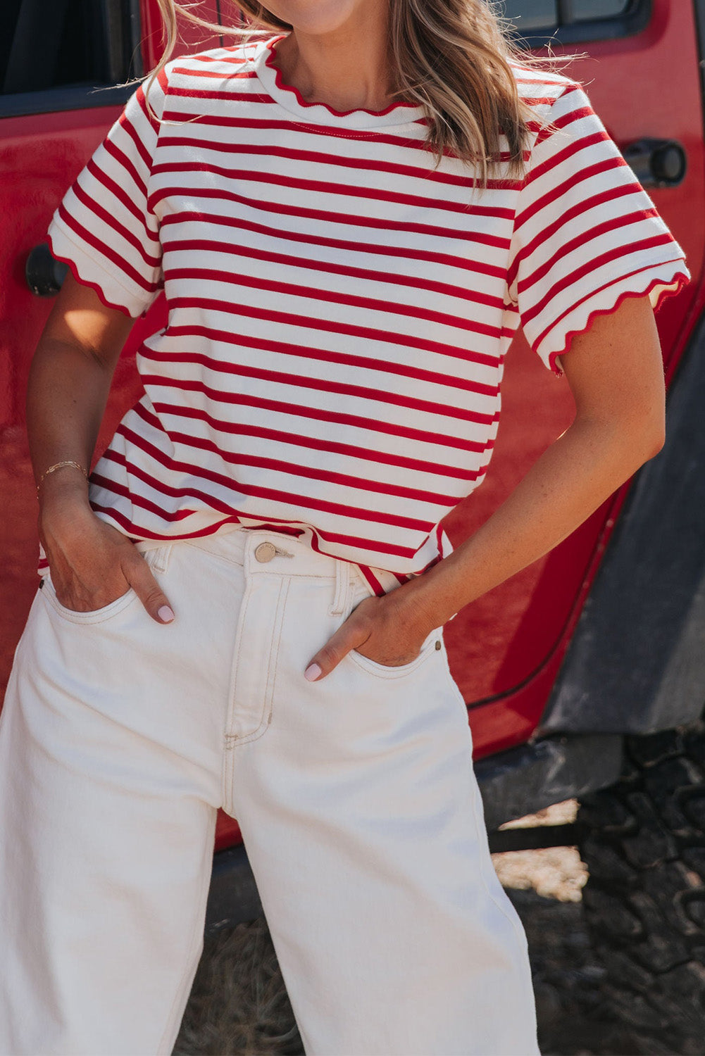Red Stripe Scalloped Trim Round Neck T Shirt 44efc4222fe08cd4