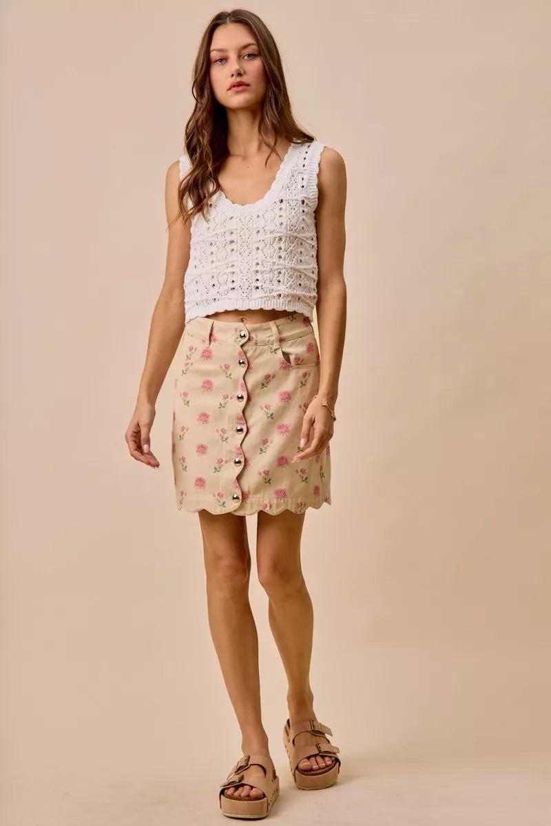 SO ME Floral Rose Print Cotton Twill Scallop Mini Skirt 44f23fc7f83643b09dfb2ffc36e318a5-Max-Origin