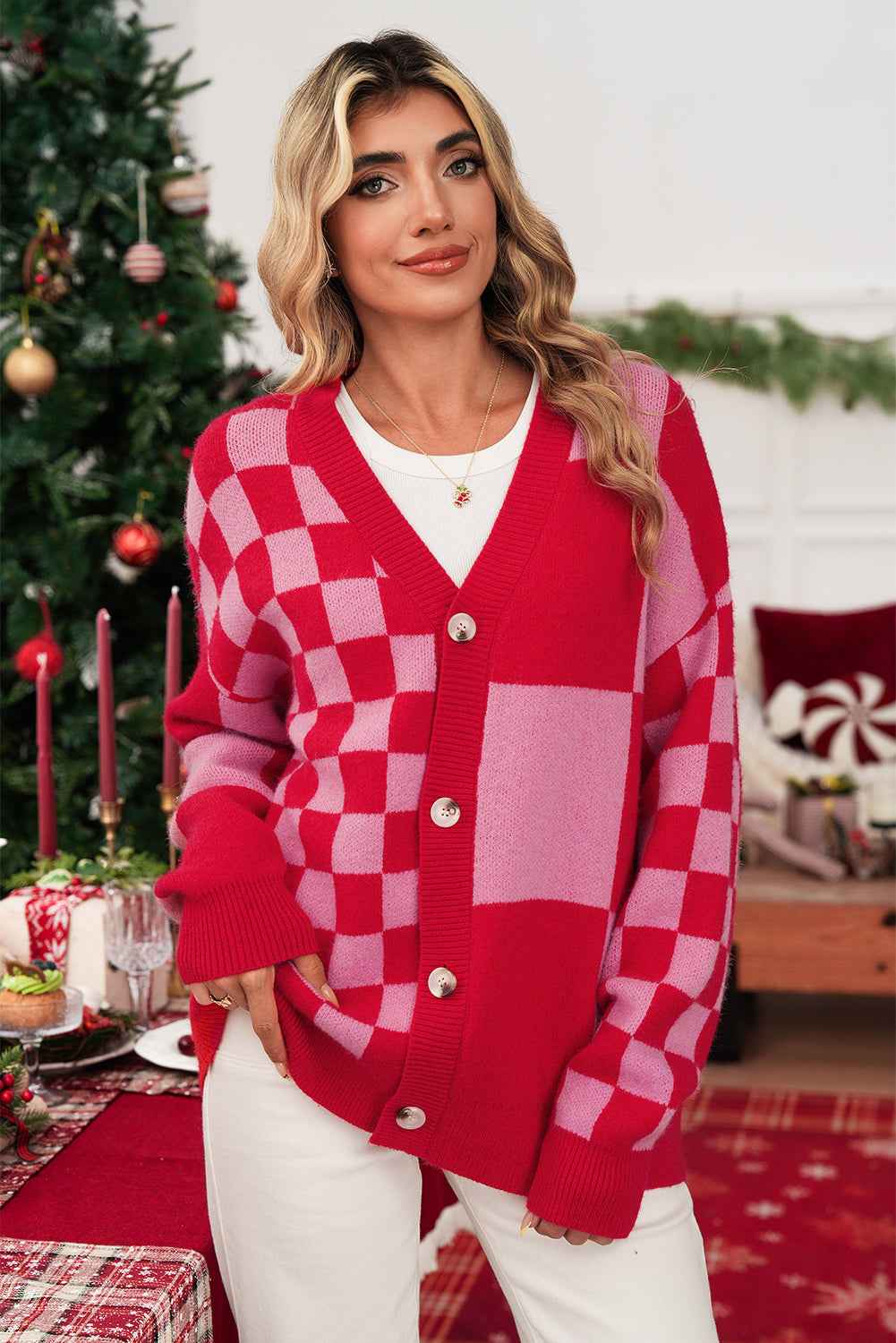 Fiery Red Colorblock Plaid Button Knit Cardigan 44f8af86ee9cd6cf