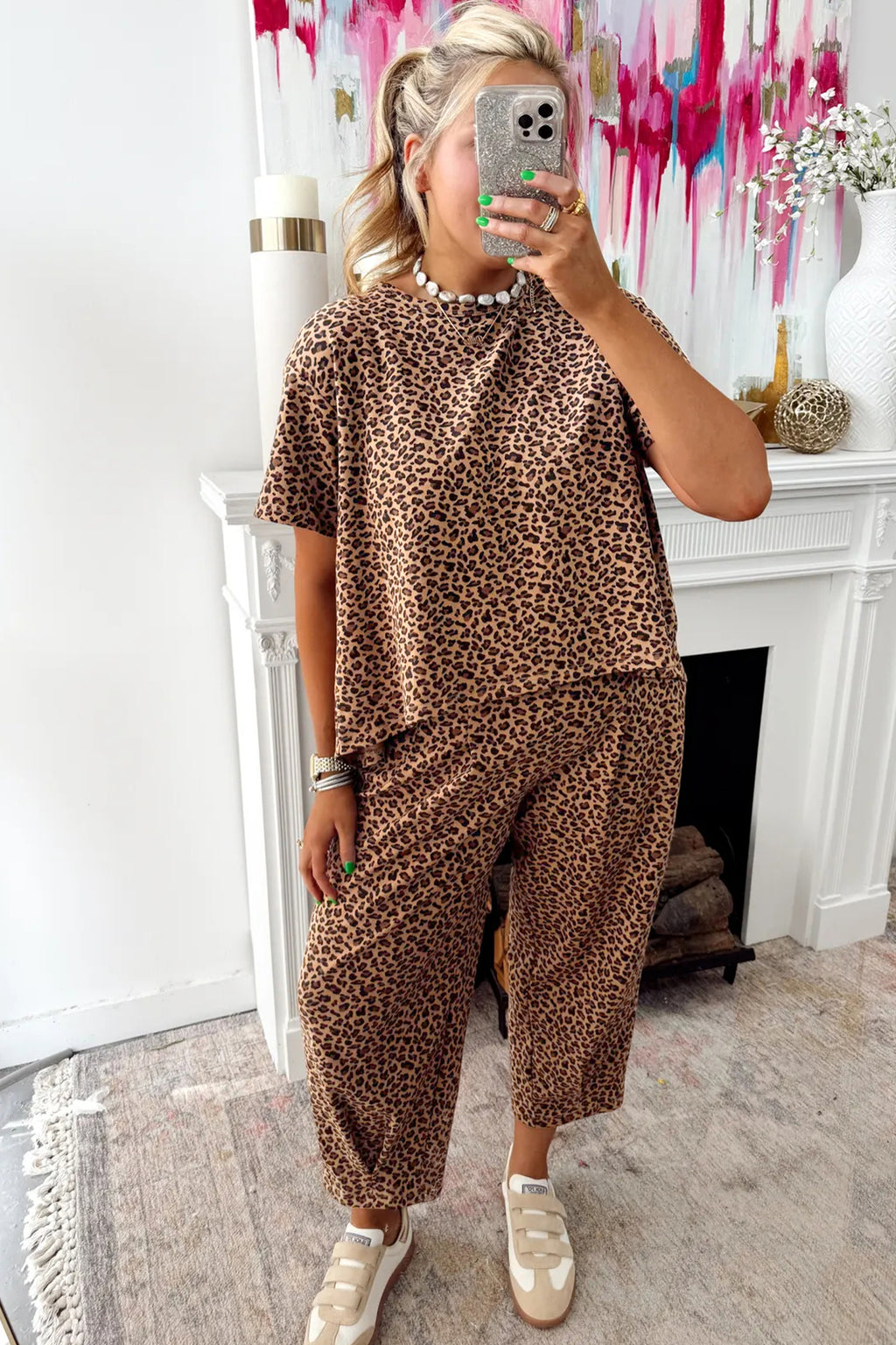 Brown Leopard Loose Tee Drawstring Waist Barrel Pants Set 44fdbd85a78e72cf