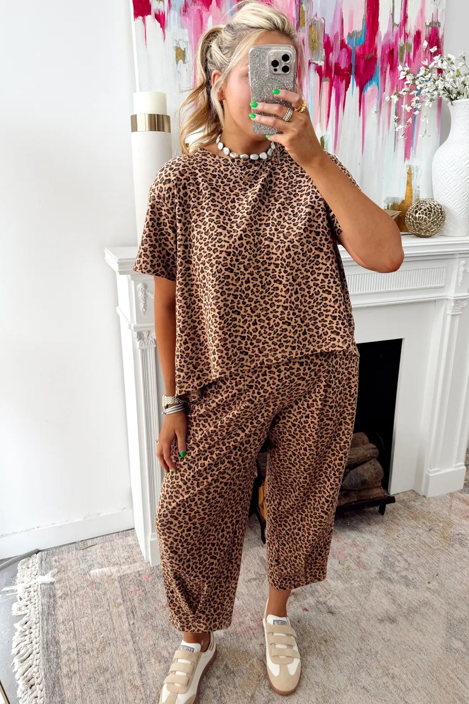 Brown Leopard Loose Tee Drawstring Waist Barrel Pants Set 44fdbd85a78e72cf