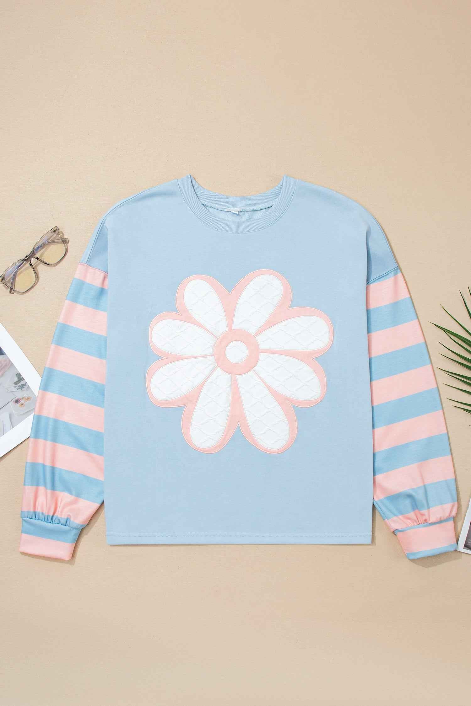 Beau Blue Big Flower Patch Drop Shoulder Striped Long Sleeve Top 4503db0cd633dd2c