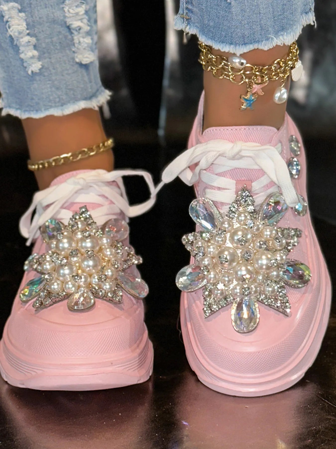 Pearl Embellished Platform Slip-Ons Pink 450f466a2c1c4a59b90cddd9cb52e1d2-Max-Origin