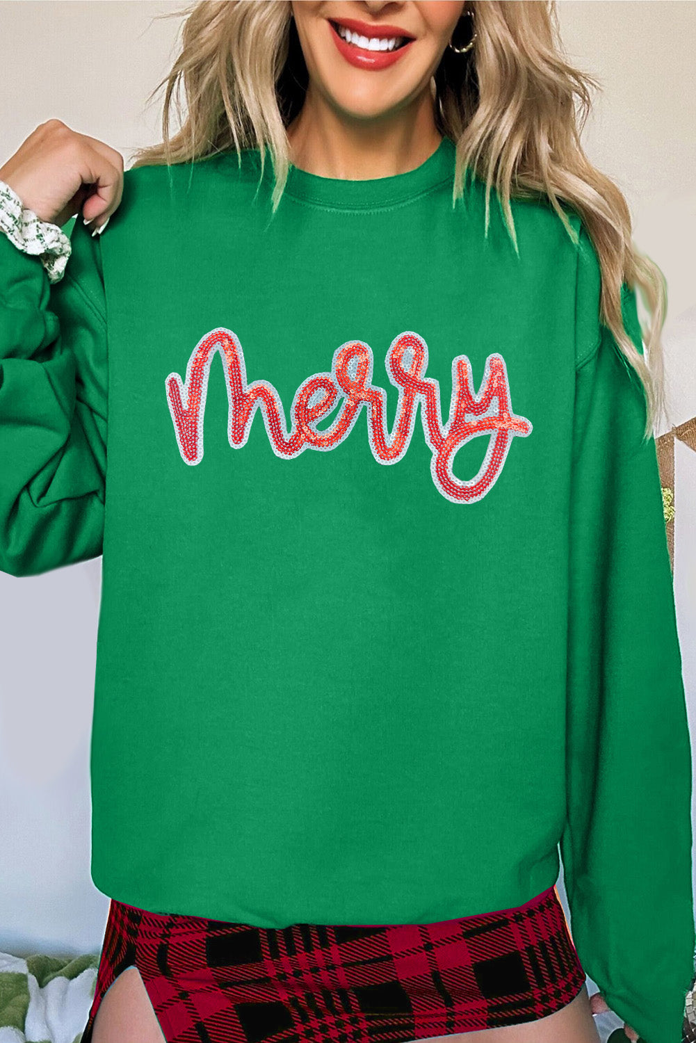 Dark Green Sequin merry Letter Patch Application Drop Shoulder Baggy Sweatshirt 450f5cc74a50d3a1