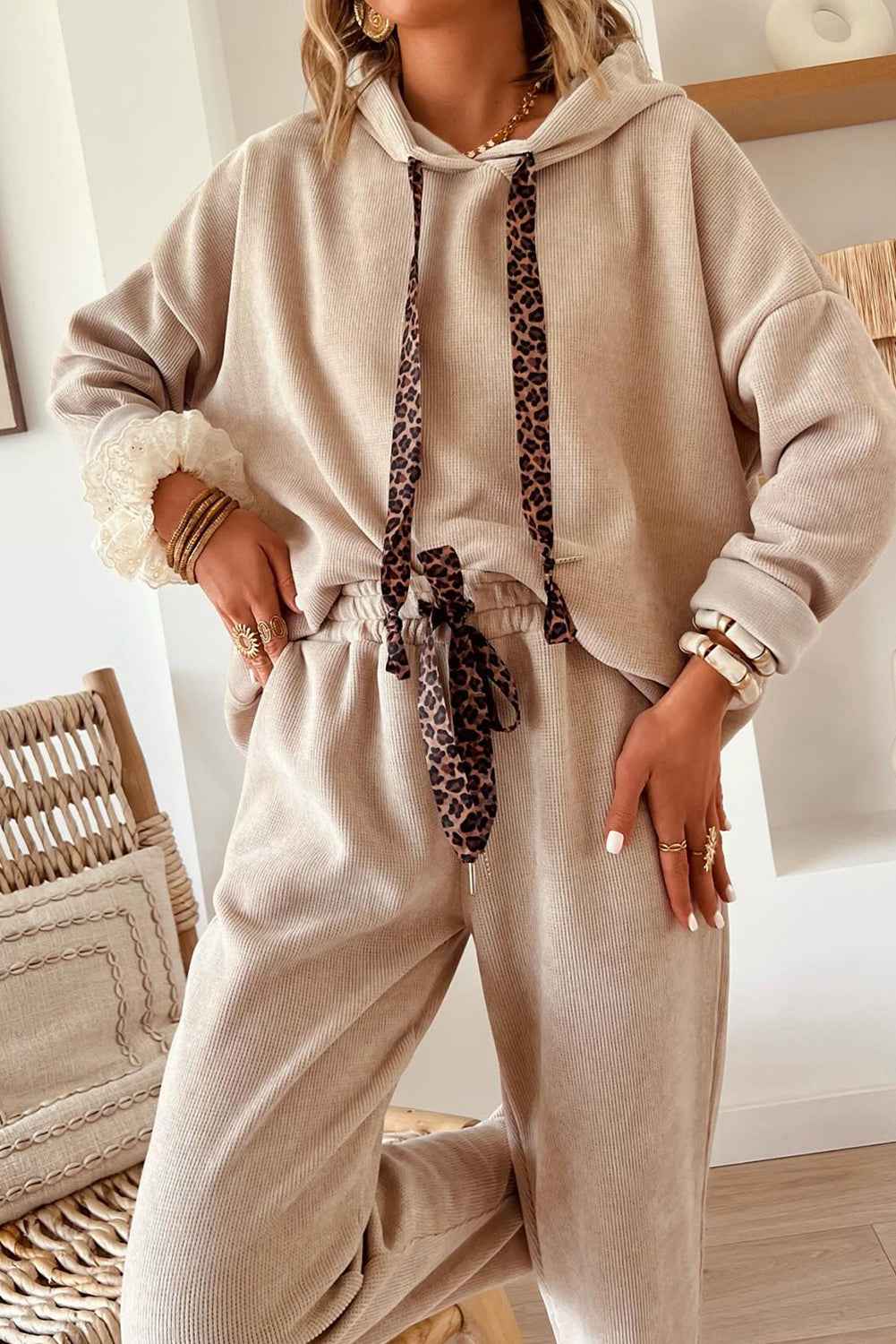 Jet Stream Drawstring Pullover Hoodie and High Waist Pants Corduroy Suit 4510f0d3db6d1502