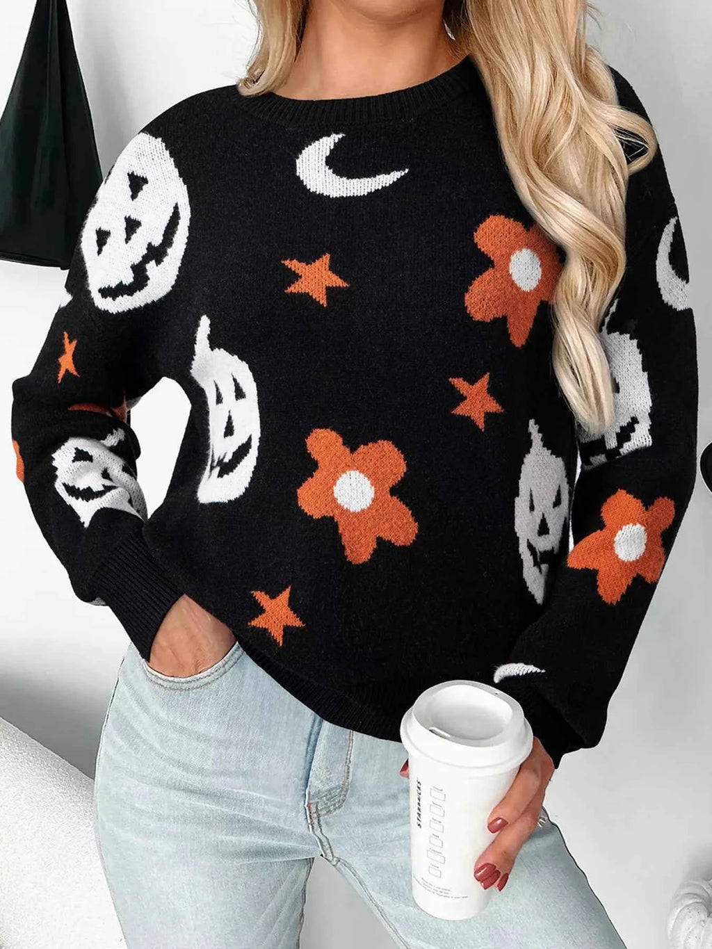 Halloween Gothic Pattern Long Sleeve Sweater Black 4514ae10f5844077b261e9de199a7702-Max-Origin