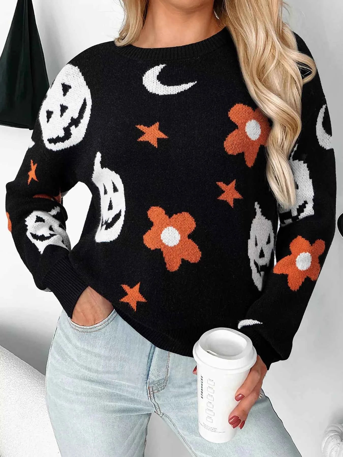 Halloween Gothic Pattern Long Sleeve Sweater Black 4514ae10f5844077b261e9de199a7702-Max-Origin