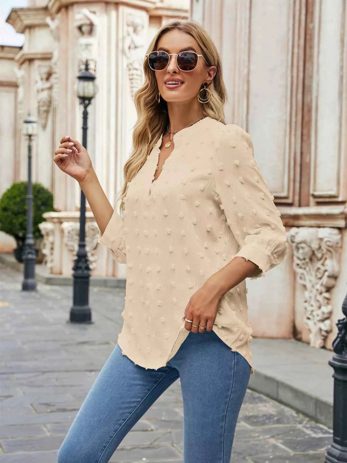 Swiss Dot Notched 3/4 Sleeve Blouse 4514b1d6ac6f445b9f07525b4847c591-Max-Origin