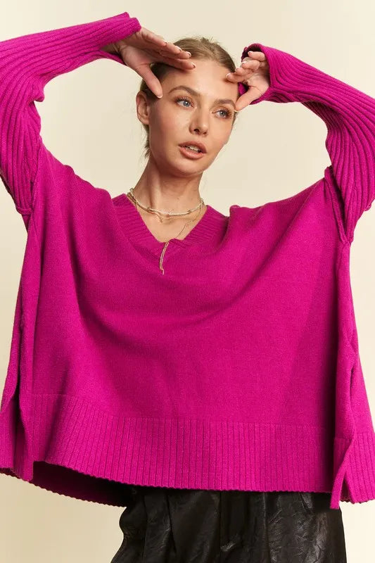 Ribbed Side Slit V-Neck Sweater 45156f5f-5970-4b3f-8c0a-6b03e846c225-Max