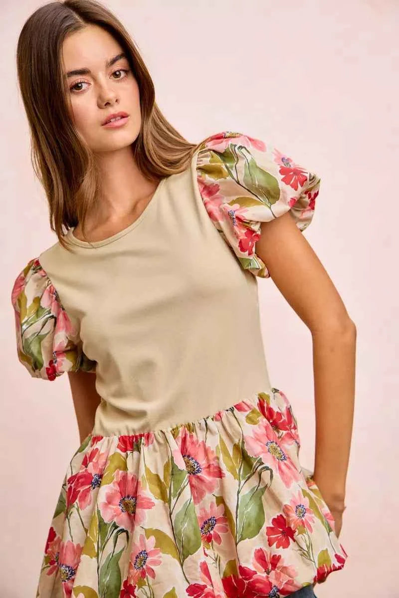 BiBi Floral Printed Bubble Sleeves and Hem Peplum Top 451589ff2a2b4d9392a20d7bf97f1d3d-Max-Origin