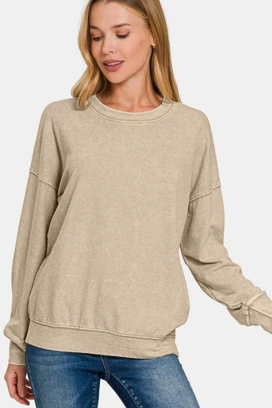 Zenana Washed Round Neck Dropped Shoulder Sweatshirt 45163ca7-0832-40ef-adcb-436eed24bf0c-Max