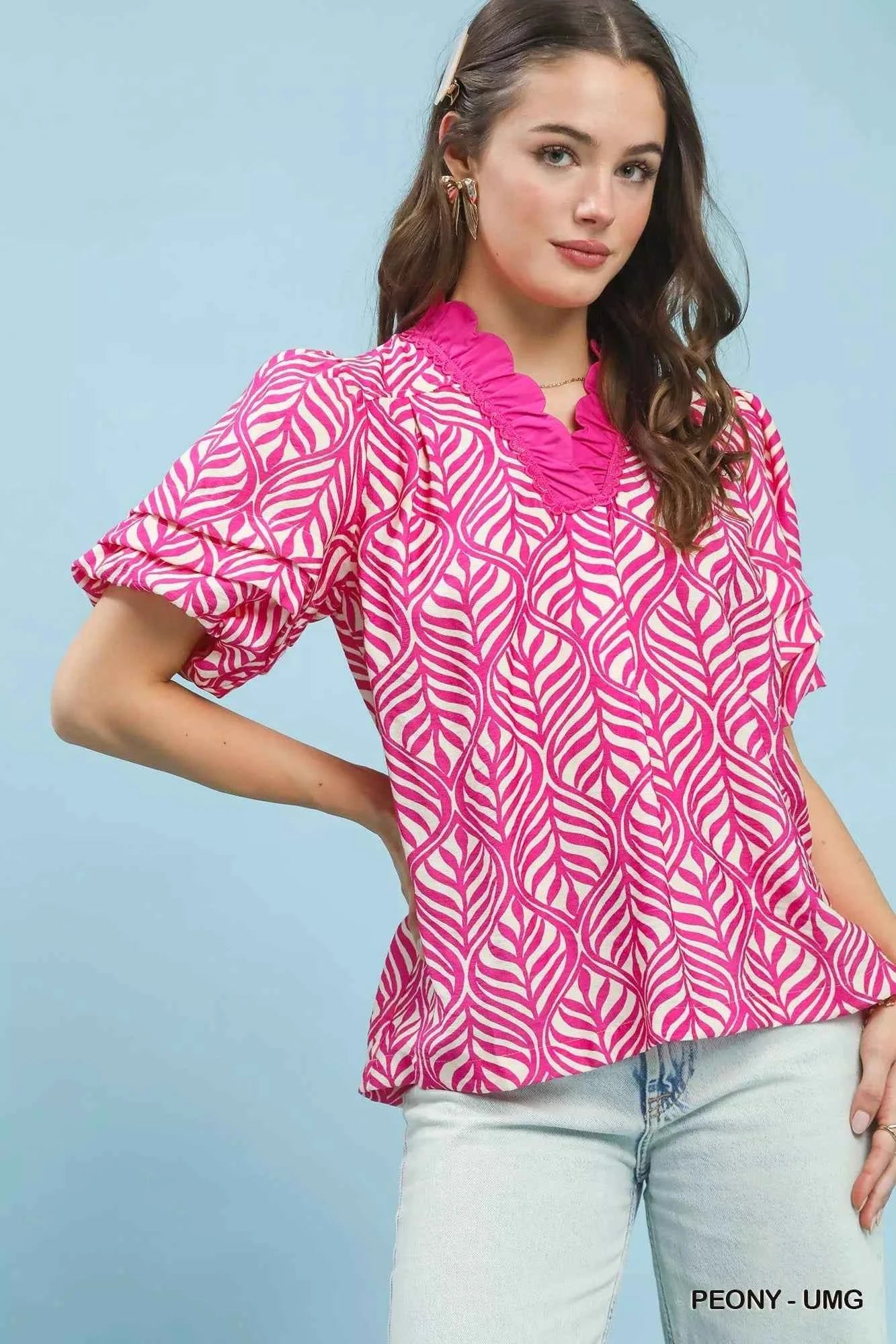 Umgee Printed Puff Sleeve Ruffle Neck Top PEONY-UMG 45190d33-66b3-4634-9c94-b9cf79cb3f5a-Max-Origin