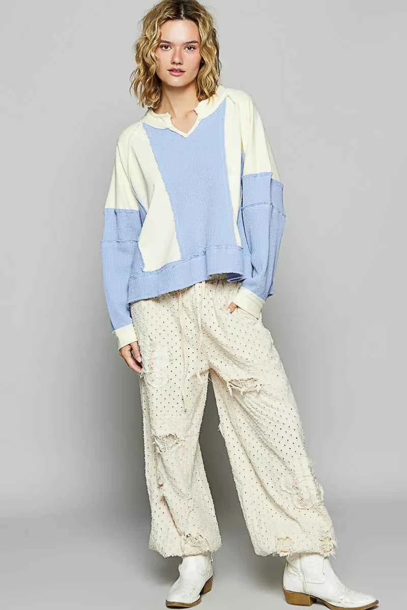POL Color Block Waffle Knit Raw Hem Sweatshirt 451be4e6-99af-4c91-8244-a9963a1ad0bf-Max-Origin