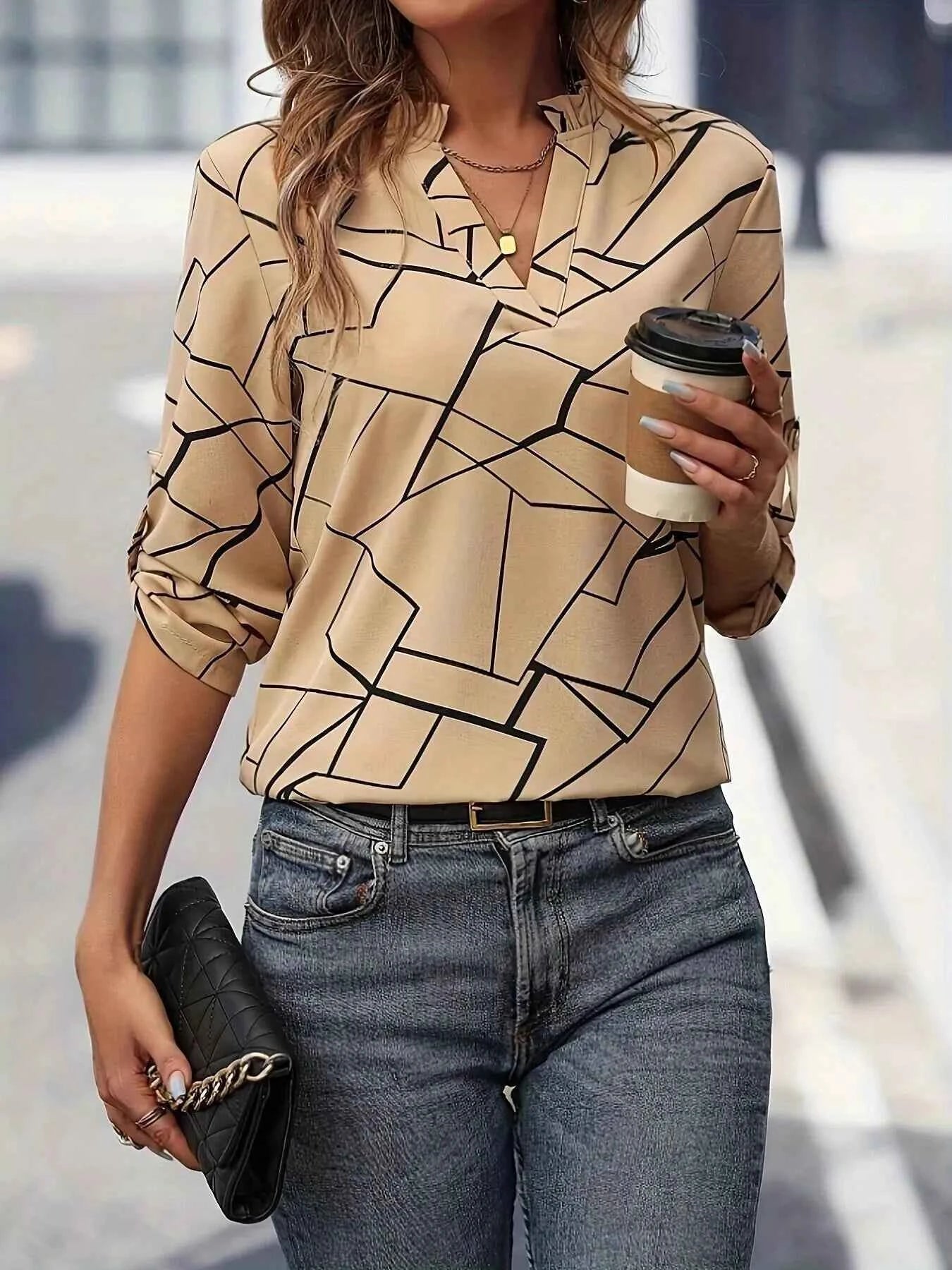 Notched 3/4 Sleeve Blouse 451cde8a478644c19e61f002478d678f-Max-Origin