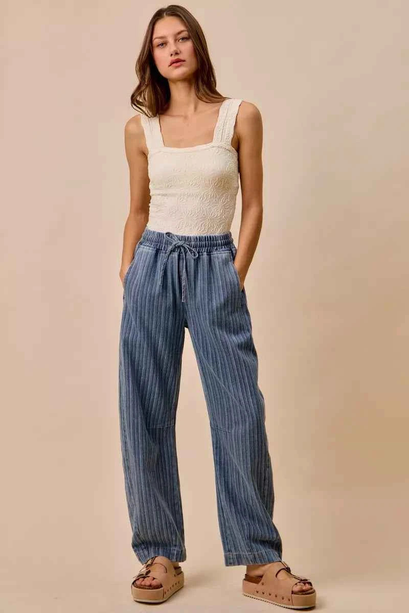SO ME Stripe Denim Barrel Jeans Drawstring Waistband 451e4fd3392040f6b0c0305f906be2b1-Max-Origin