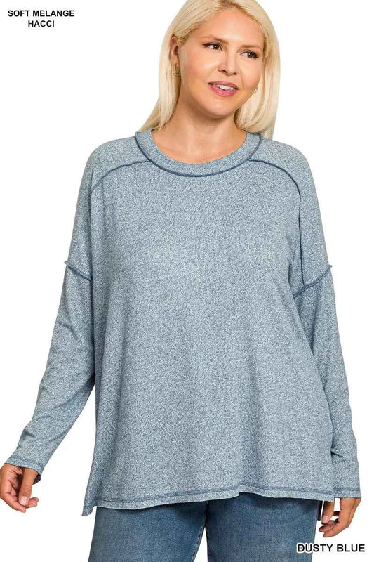 Full Size Melange Hacci Exposed Seam Hi-low Tee Plus Size 451fd284-1b6a-4432-a5fb-a4e536b2ea34-Max-Origin