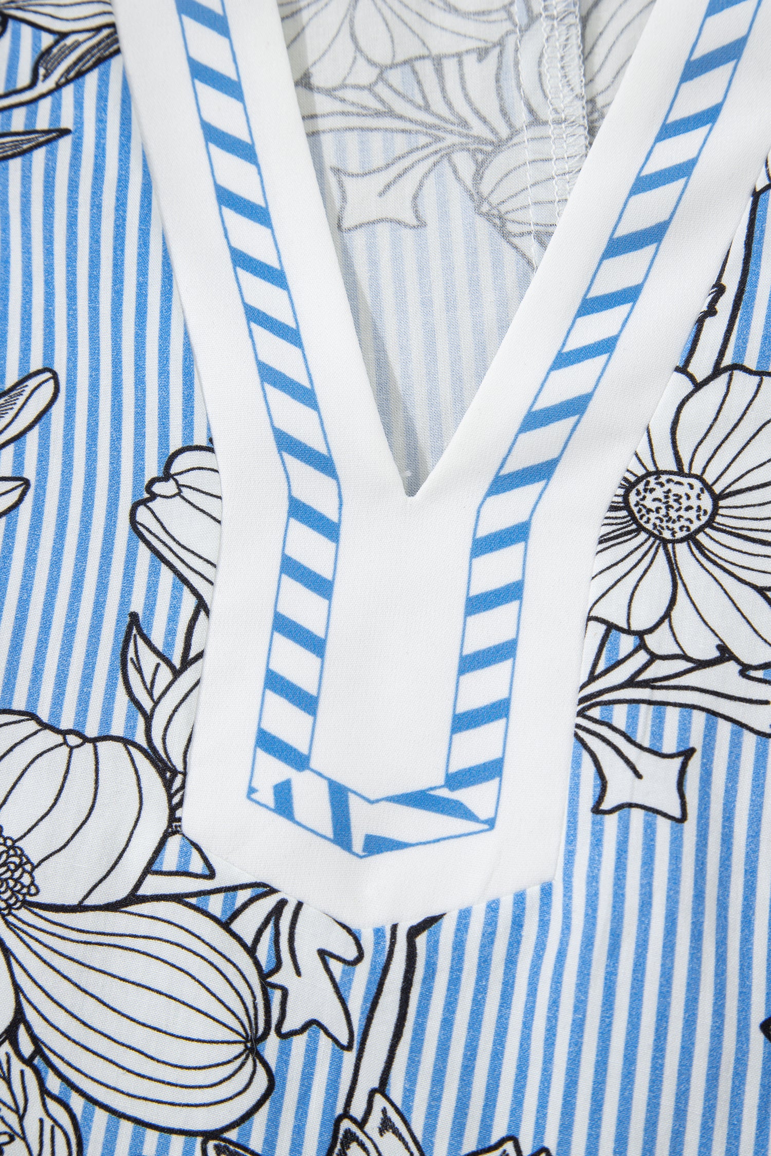 Sky Blue Floral Striped Printed Polo Collar Short Sleeve Blouse 4526c7c521c31842