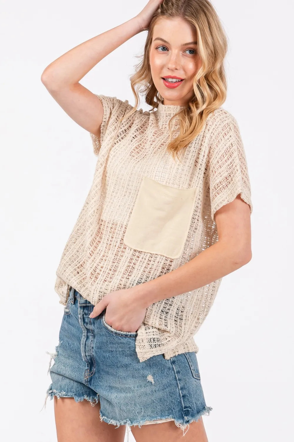 Ces Femme See Through Crochet Mock Neck Cover Up 452b6121-c428-4d86-a39c-5ed1ecce9d29-Max