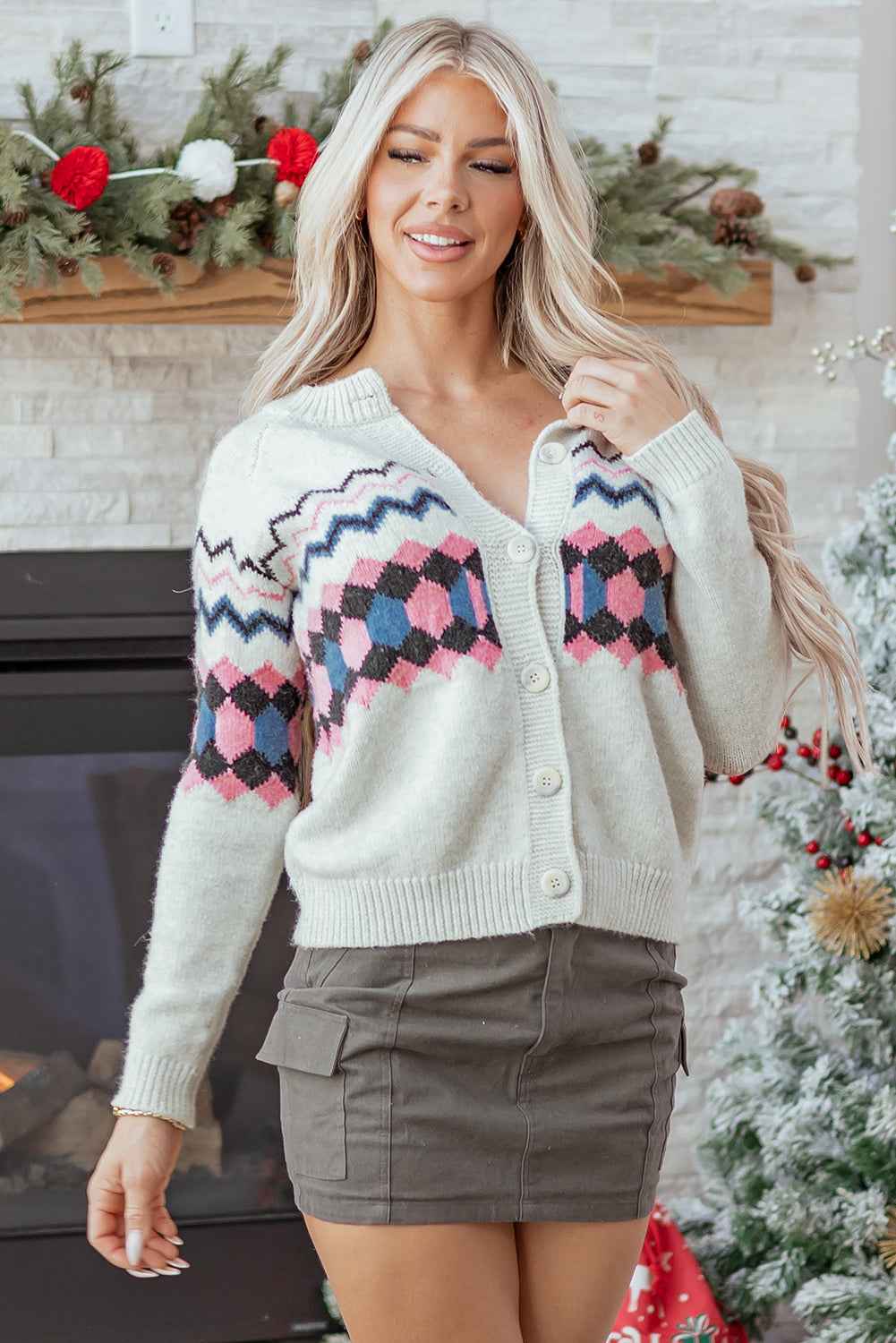 Pink Stripe Geometric Button Up Sweater Cardigan 452c9bc6a7e28f81
