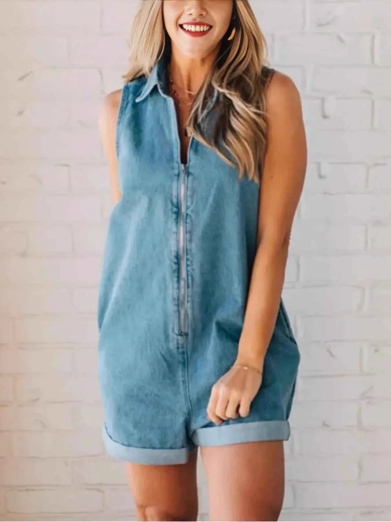 Zip Front Sleeveless Denim Romper 452d8de273524944ae3eb3edfd9ccdff-Max-Origin