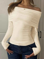 Off-Shoulder Ruched Long Sleeve T-Shirt 453167e39df247789dc2c0bd3ca08b6a-Max-Origin