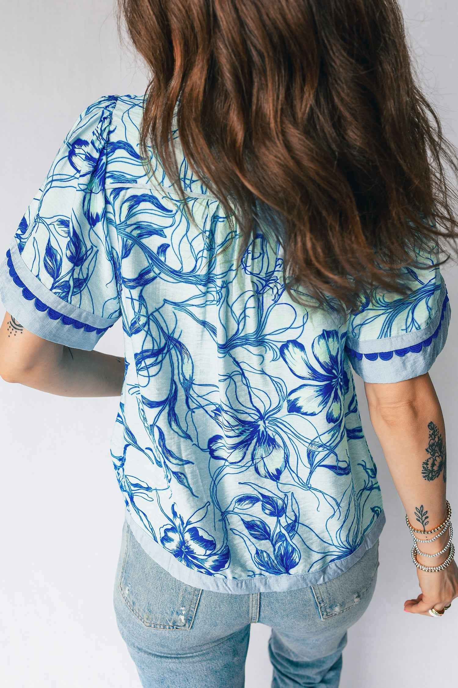 Sky Blue Ricrac Trim Slit V Neck Short Sleeve Floral Blouse 4534ed97ae43b8d6