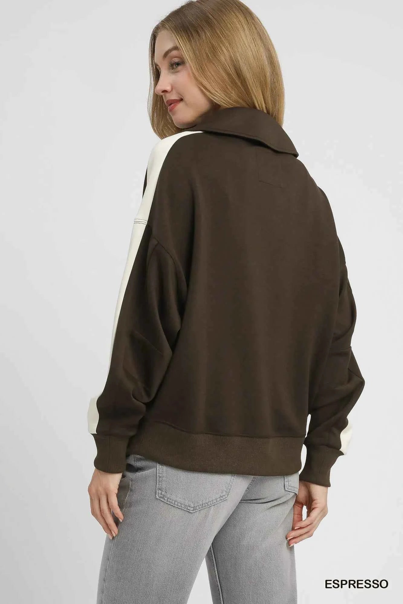 Umgee Color Block Polo Sweatshirt 4536478a-2b9d-49b3-99f8-930a57c1731a-Max-Origin