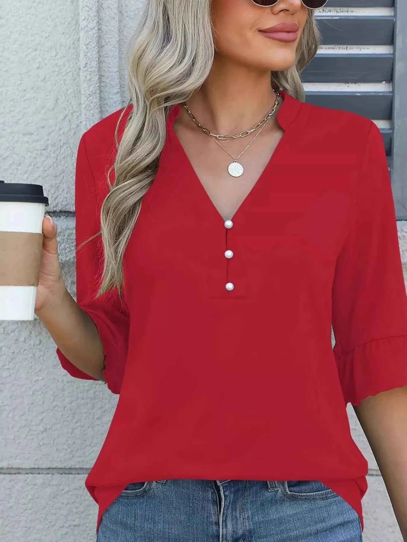 Full Size Notched Flounce Sleeve Blouse Plus Size Red 45367b49-8f1e-4108-bd03-db26616afc47-Max-Origin