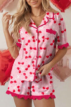 Rose Cherry Bow Mixed Print Scalloped Edge Short Pajama Set Rose 95%Polyester+5%Elastane 4537bace10e80c24