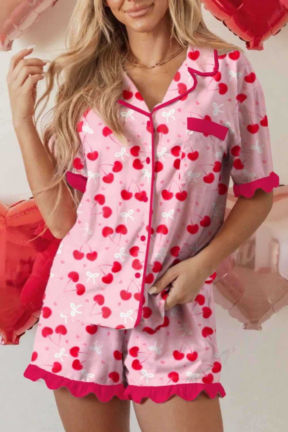 Rose Cherry Bow Mixed Print Scalloped Edge Short Pajama Set Rose 95%Polyester+5%Elastane 4537bace10e80c24