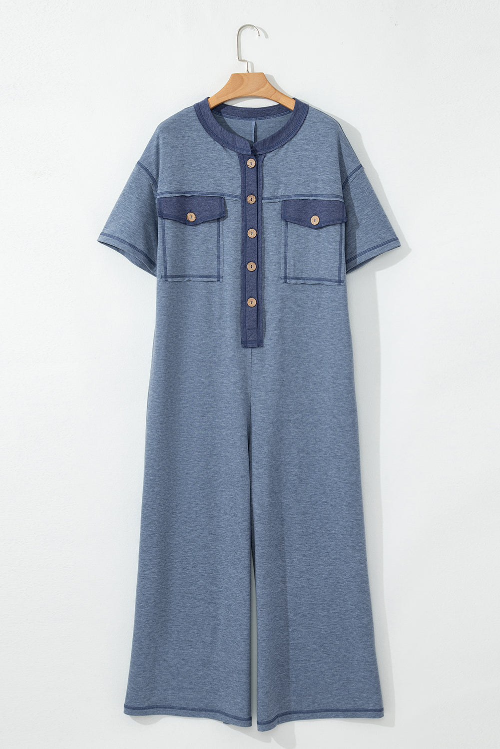 Beau Blue Patchwork Pocket Short Sleeve Jumpsuit 4537ce535fb94a1b